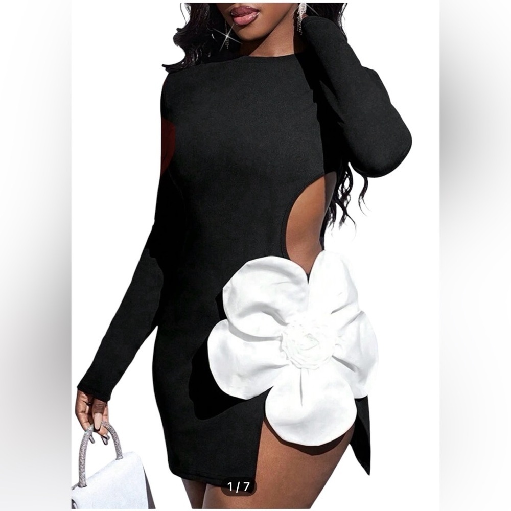 SHEIN. Black Ribbed Bodycon Mini Dress Long Sleeve Crew Neck - Picture 2 of 7